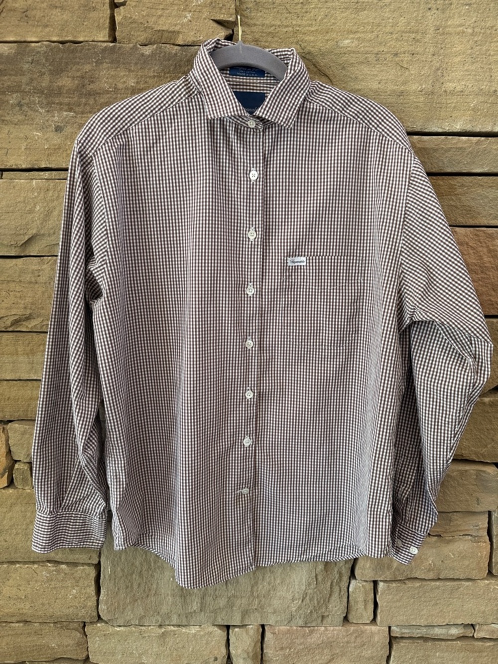 Faconnable Brown & White Micro-Check Gingham Soft Cotton Button Up Shirt